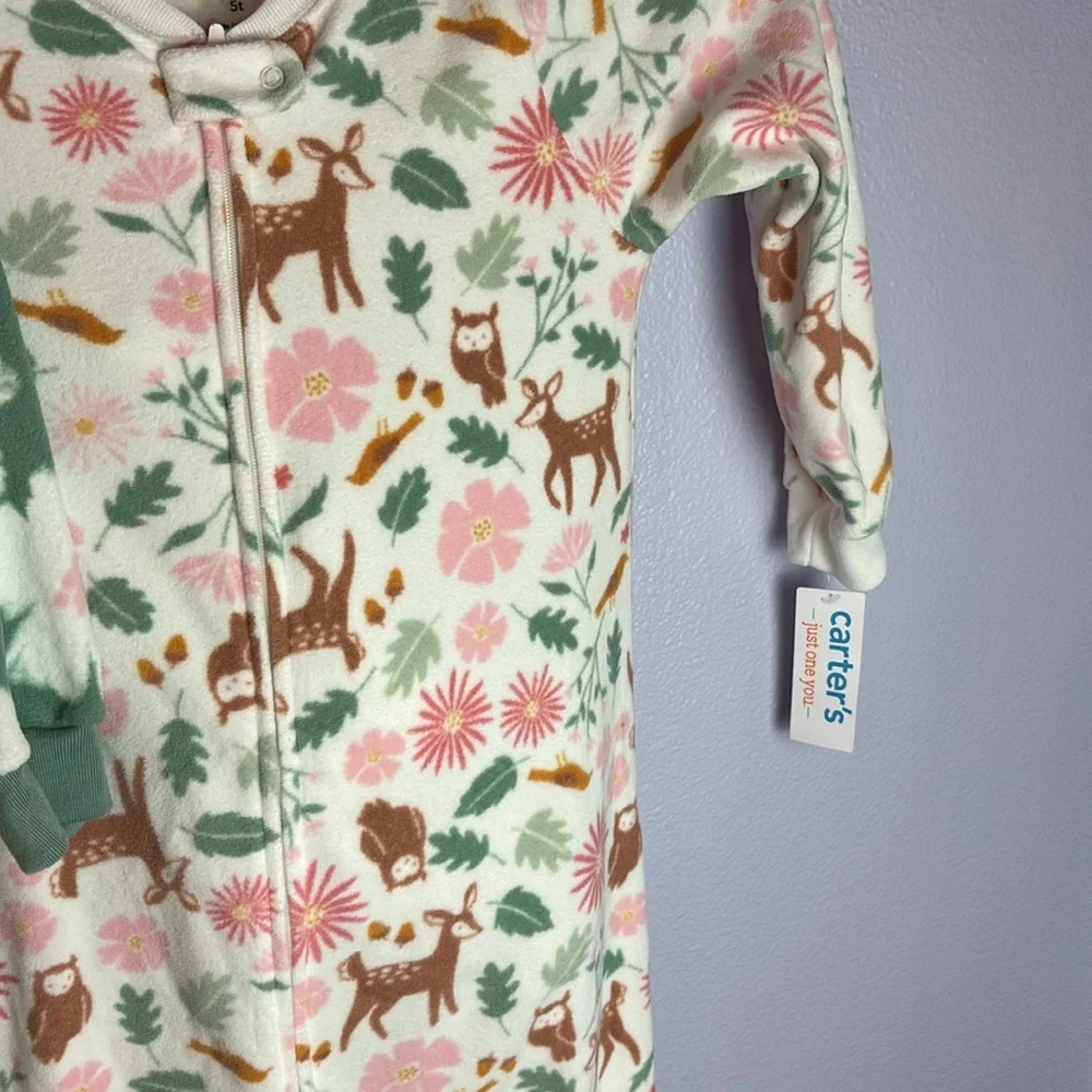 NWT 2 Pc Set Carter's Fleece Green Pink Deer White Forest Footie Nonslip Sole
